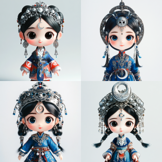 黑色柔滑的头发，超可爱的女孩，苗族藏蓝华丽的衣服，脖子上挂着银色的月亮吊坠， 流行的 bubble mart 风格， 精致靓丽的五官， 3d、c4d、 戴着苗族女子的银质头饰， 卡哇伊， 皮克斯动画风格、 oc 渲染，超细腻的角色细节， 阳光明媚，柔和的光线， 16k，荒诞，最佳画质， niji5，微笑的表情，甜美的，