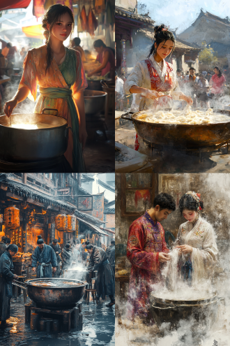 国风杰作，数字插画，古装，中式场景，劳动人民将生丝放入装满沸水的大锅中煮沸