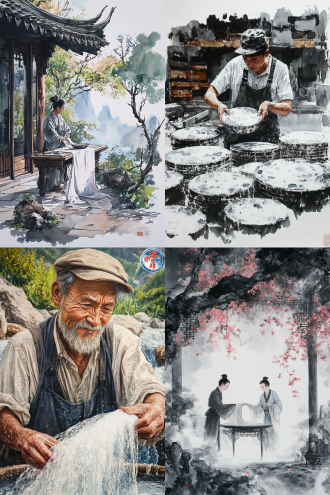 工匠抖动浸泡在水中的丝绸，国风场景，中式风格，古典主义，工笔画，杰作，佳作，最佳质量