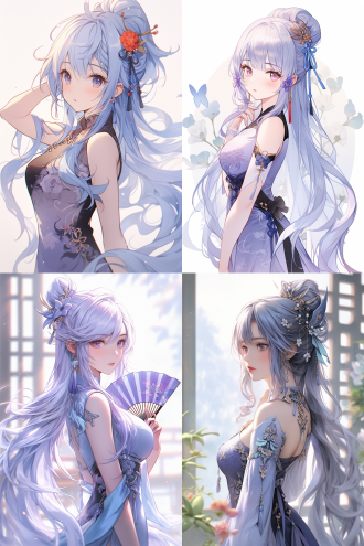 东方美人，穿着淡蓝色旗袍，体态优雅，粉紫色长发，有发簪，倾国倾城，日漫风，线条人物，高清画质，饱和度强，超清分辨率