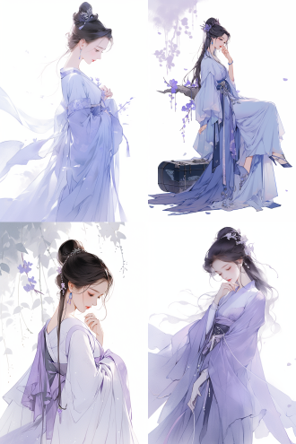 极简风插画，中国风插画，全身，whole body, 工笔画，汉服女孩，仕女画，黑色头发，蓝紫色汉服，飘逸的裙摆，柔和的曲线，纯白色背景，古风，浅蓝色和浅紫色，色彩和谐，曼妙修长的身姿