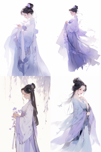 极简风插画，中国风插画，全身，whole body, 工笔画，汉服女孩，仕女画，黑色头发，蓝紫色汉服，飘逸的裙摆，柔和的曲线，纯白色背景，古风，浅蓝色和浅紫色，色彩和谐，曼妙修长的身姿