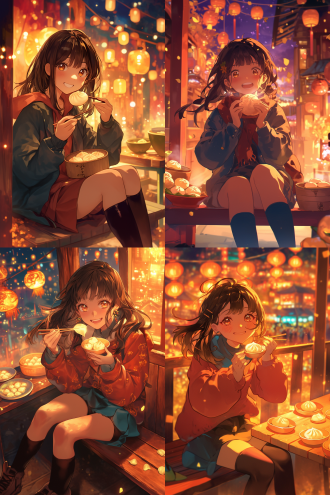 少女坐板凳吃圆嘟嘟肉汤圆，元宵节氛围，三分法构图，室内暖光，特写镜头，开心表情，亮色，慢快门，享受。