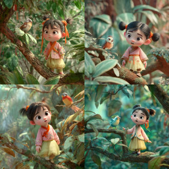 5 岁 q 版 3d 动漫圆脸大眼睛梳双髻、系橙色丝带，身着浅粉色改良汉元素上衣与鹅黄色褥裙，袖口绣小花的小女孩轻手轻脚靠近一棵大树树枝上站着的漂亮小鸟，脸上带着小心翼翼的神情，大树周围是郁郁葱葱的树叶，画面风格小心翼翼，营造和谐氛围，神态逼真场景融洽，有温馨视觉效果，是中国古代卡通，色彩明亮，为 3d 皮克斯风格、幼儿启蒙风格，有温暖治愈氛围，含童趣自然元素，8k 画质。