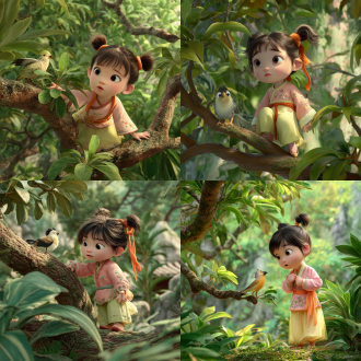 5 岁 q 版 3d 动漫圆脸大眼睛梳双髻、系橙色丝带，身着浅粉色改良汉元素上衣与鹅黄色褥裙，袖口绣小花的小女孩轻手轻脚靠近一棵大树树枝上站着的漂亮小鸟，脸上带着小心翼翼的神情，大树周围是郁郁葱葱的树叶，画面风格小心翼翼，营造和谐氛围，神态逼真场景融洽，有温馨视觉效果，是中国古代卡通，色彩明亮，为 3d 皮克斯风格、幼儿启蒙风格，有温暖治愈氛围，含童趣自然元素，8k 画质。