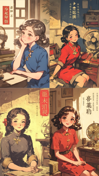 怀旧海报风格，风扇旋转，女孩坐在复古房间，穿着复古连衣裙，微笑，眼神怀念。复古色调，柔和光线，中景，标准镜头，高饱和度，温馨，怀旧。