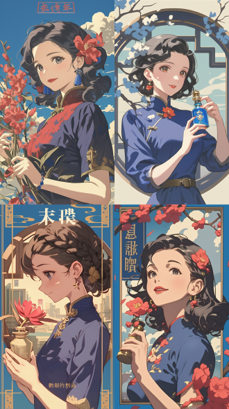 怀旧海报风格，80后少女手持花露水瓶，微笑，复古连衣裙，怀旧背景，柔光，高饱和度，复古色调，温馨，回忆。