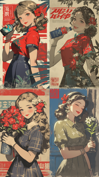 怀旧海报风格，80后少女手持花露水瓶，微笑，复古连衣裙，怀旧色调，海报质感，柔和光线，复古背景，怀旧元素，温馨情感。
