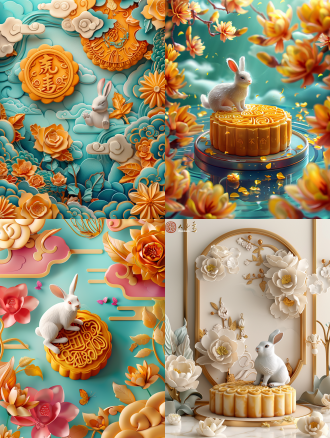 this is a colorful illustration of a mooncake with a rabbit and auspicious clouds, with an oversized yellow mooncake in the background, a rabbit sitting, and golden osmanthus flowers adorning the perimeter. the artwork has a three-dimensional effect with vibrant colors, delicate details and soft lighting. the piece was created using digital painting techniques such as plasticine and watercolor to create a whimsical atmosphere. the scene captures traditional chinese culture during the mid-autumn festival.