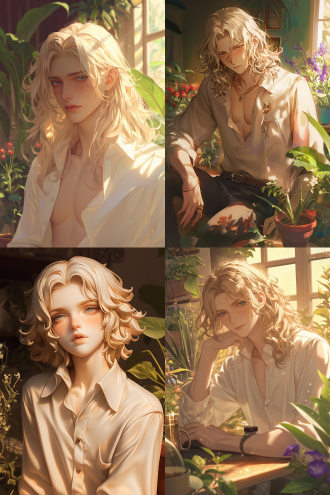 a handsome male bust, bjd features, low-necked shirt, drunk, blushing, long beige curly hair, mole under his eye, long eyelashes, warm sunlight, flower room, potted plants, gardening decorations, gardening tools, greenery, top quality, 8k