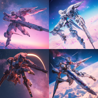 创世纪机甲腾空扫腿，银河星空背景，稀有金属光泽，虚幻引擎，全身侧身长焦，粉彩色象牙白，高调氛围感照明，24k超清。