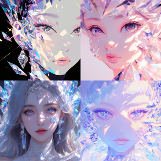 美女戴绝美妆容，大眼睛如钻石，神情忧郁，四周满是钻石折射光，对称构图，高对比度，特写镜头，逆光，梦幻氛围。