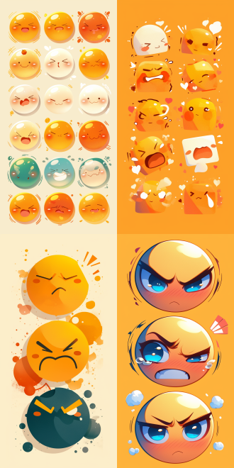 简约卡通风格表情包设计，使用简洁的线条和鲜艳的色彩，表达开心、愤怒、惊讶、悲伤等情感，适合日常聊天使用