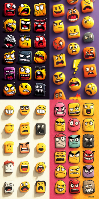 卡通表情包，简洁线条鲜艳色彩，开心愤怒等表情，居中构图，扁平风，明亮色调，特写镜头，正面光，适合日常聊天。