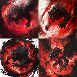 凶猛穷奇咆哮于深红与墨黑色漩涡中心，身躯肌肉虬结，背生双翼与骨刺，毛发乌黑带电光，赤红双眼透出深红光芒，利齿如钩，爪痕划破空间，烈焰与黑雾缠绕，水墨与暗黑哥特风格结合，暴力美学，狂野张力