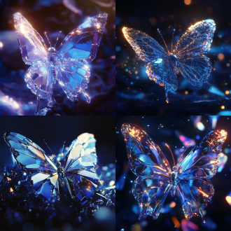几何精准的水晶蝴蝶零重力悬浮，近景特写，虹彩钴蓝渐变，宏拍摄影，动态明暗对比光，4k全息星尘，多维宇宙背景，梦幻超现实。