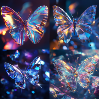 image style: surreal dream aesthetics, high-detail cg rendering, close-up shot, color scheme: iridescent cobalt gradients with pearlescent highlights, photographic technique: macro photography with dynamic chiaroscuro lighting, main subject description: geometrically precise crystal butterfly with diamond-faceted exoskeleton, action description: perfectly suspended in zero-gravity stillness, expression description: non-anthropomorphic celestial aura, atmosphere description: enigmatic nebula romance with quantum shimmer, picture effect: 4k holographic stardust dispersion, picture details: fractal-patterned wing venation exhibiting chromatic aberration and sub-surface scattering, lighting description: cinematic volumetric god rays interacting with refractive surfaces, background description: multidimensional cosmic void containing pulsating quasars and gravitational lensing effects
