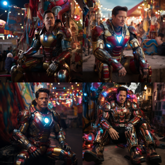 马克沃尔伯格穿着钢铁侠的盔甲，坐在太空昌里