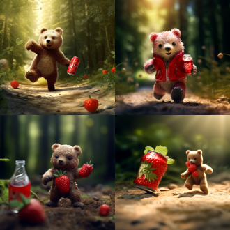 草莓熊手持可口可乐，带领小灰熊奔跑，动态捕捉，森林背景，明亮色调，广角镜头，逆光，高速快门，欢快，活力。