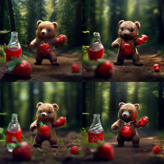 草莓熊手持可口可乐，带领小灰熊奔跑，动态捕捉，森林背景，明亮色调，广角镜头，逆光，高速快门，欢快，活力。