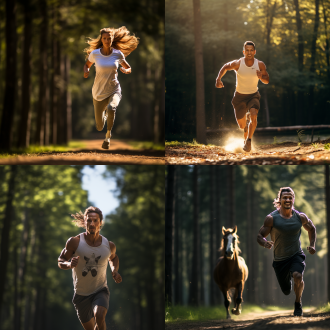 大牛穿nike运动鞋，带领小马奔跑，森林背景，明亮色调，广角镜头，逆光，高速快门，欢快，活力，动态捕捉，团队精神，自然环境，运动风格，阳光照射，树叶摇曳，奔跑姿态，肌肉线条，表情兴奋。