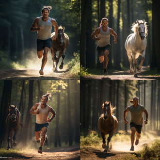 大牛穿nike运动鞋，带领小马奔跑，森林背景，明亮色调，广角镜头，逆光，高速快门，欢快，活力，动态捕捉，团队精神，自然环境，运动风格，阳光照射，树叶摇曳，奔跑姿态，肌肉线条，表情兴奋。