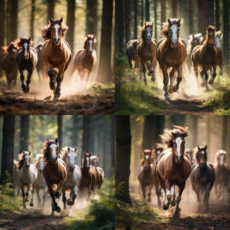 小牛蹄子上带着nike运动鞋，带领一群小马在树林里奔跑，动态构图，自然光，森林背景，运动鞋特写，广角镜头，高速快门，活力四射，绿色调，奔跑，自由。