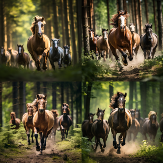 小牛蹄子上带着nike运动鞋，带领一群小马在树林里奔跑，动态构图，自然光，森林背景，广角镜头，高速快门，活力四射，绿色调，奔跑，自由。