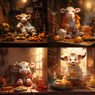 小牛抱着nike运动鞋，坐在月饼上偷着乐，温馨场景，柔和光线，室内，暖色调，微距镜头，侧光，微笑，满足，家庭氛围，传统与现代结合。