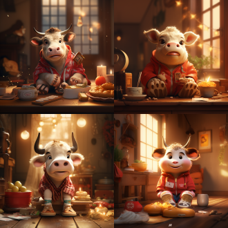 小牛抱着nike运动鞋，坐在月饼上偷着乐，温馨场景，柔和光线，室内，暖色调，微距镜头，侧光，微笑，满足，家庭氛围，传统与现代结合。