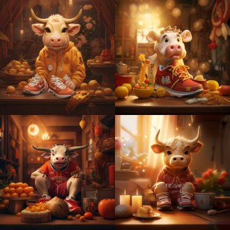 小牛抱着nike运动鞋，坐在月饼上偷着乐，温馨场景，柔和光线，室内，暖色调，微距镜头，侧光，微笑，满足，家庭氛围，传统与现代结合。