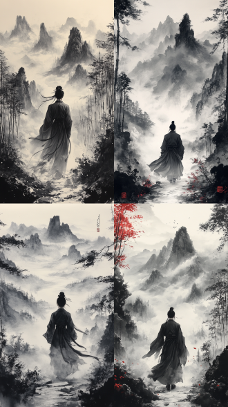 中国水墨画风格，中景镜头（medium shot），扎着宋代发髻的宋代苏轼背影，宋代苏轼沿着山间小径远远的向前走的背影，水墨色竹林，使用推镜（push in）技巧，逐渐拉近与人物的距离，营造渐行渐远的效果。