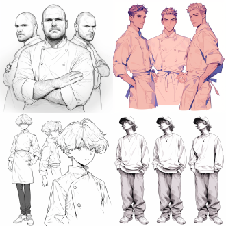 三视图，白色背景，细节丰富，二十岁男性，厨师职业，高分辨率，清晰线条，自然光，正面侧面背面，专业模特，冷色调，神秘感，高分辨率，细节清晰，专业摄影，冷色调，神秘感，高对比度，清晰线条，自然光，专业模特，冷色调，神秘感。