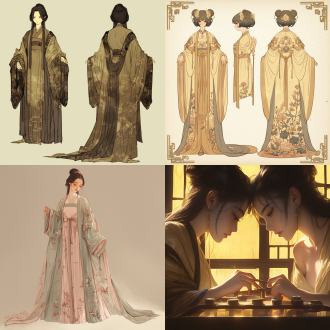 唐朝汉服女装，正面和反面展示，细节精致，古代风，对称构图，柔和光线，室内环境，长焦镜头，高分辨率，丝绸质感，优雅姿态，端庄表情，暖色调，古典美。