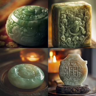 玉石印章，中国古代艺术品，特写镜头，柔和光线，室内拍摄，暖色调，细腻纹理，静物摄影，专注，优雅。