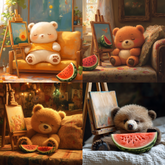 可爱熊在沙发上睡觉，旁有画架西瓜，背景杂物多，对角线构图，软色调，梦幻风，室内暖光，长焦，静态，温馨。