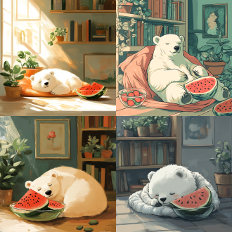 手绘扁平风，北极熊蜷毯午睡，旁有玻璃碗西瓜，背景书架盆栽挂画，柔焦笔触马卡龙色拼接，暖光，治愈氛围。