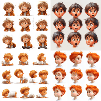 呆萌小男孩情绪图标，丰富表情多样动作，生活化场景，简约手绘插画，浅色系，对角线构图，暖光，轻松氛围。