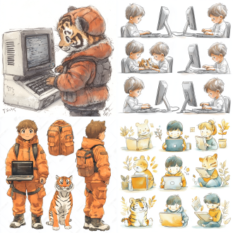 可爱小男孩抱电脑与老虎，多姿势表情整齐排列，贴纸风白描边粗线条扁平插画水彩风，白背景，q版mini，暖光，可爱氛围。