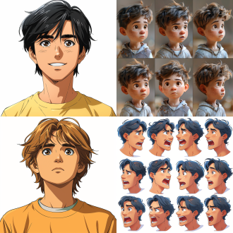 q版滑稽可爱小男孩脸部细节半身或全身像，3x3网格无网格线纯白背景，清新动漫插画，白黄主调，8k超高清，多变表情动作。