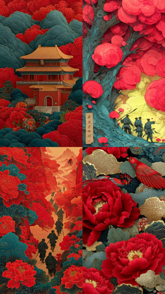 传统水墨风，红金节日氛围，古齿轮祥云间，动态皮影工人，牡丹金边，动态粒子日期，现代渐变衬传统山水，广角，顶光，梦幻。