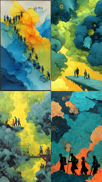 水墨齿轮悬浮祥云上，背景青绿山水，劳动者皮影剪影，左下角 3d 粒子「05.01」，对称构图，中国风，侧逆光，暖黄调，庄重。