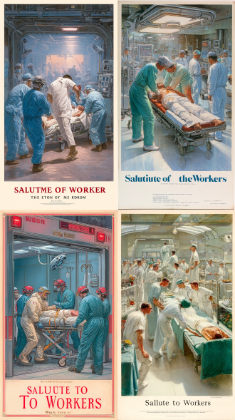 海报，蓝白色插画，中景医护人员在急救室救人，高饱和度，“致敬劳动者”夸张字体，暖光，紧张氛围。