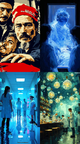 海报，蓝白色插画风格，中景医护人员急救室救人，高饱和度，暖光，“致敬劳动者”夸张字体，紧张氛围。