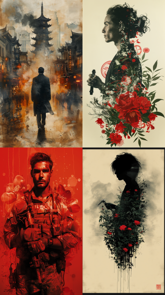 现代工人持工具剪影与水墨齿轮、祥云、牡丹图案融合于红金背景，数字故障特效，新中式海报风，竖版构图，暖光，对比强。