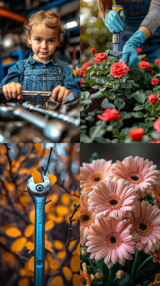 工人工具（扳手、锤子、螺丝刀）微距摄影，搭配鲜艳花卉元素，暖光，虚化背景，浅景深，超细节，8k，柔和色调，16:9