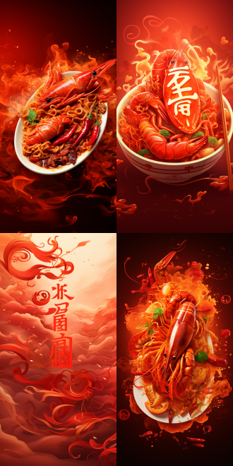 红色渐变背景热辣氛围，中央小龙虾拌面红亮饱满，上方书法字，中间变形“麻”“辣”，底部元素，9:16，暖光，特写，高饱和。