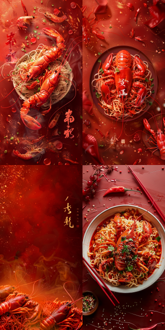 红色渐变背景热辣氛围，中央小龙虾拌面色泽红亮，配书法字与元素，暖色调，特写镜头，顶光，9:16比例。