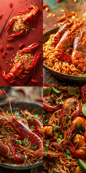 纯色背景小龙虾拌面，居中构图，色泽红亮，暖光，特写镜头，高饱和色彩，饱满虾身、微露虾肉、柔韧面条，诱人。