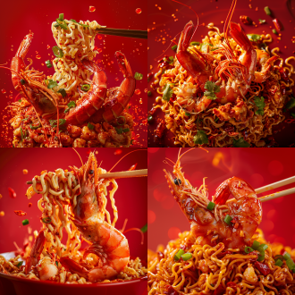 纯色背景小龙虾拌面，居中构图，微距镜头，暖光，高饱和度，红亮色泽，饱满虾身，柔韧手工面，食欲感。